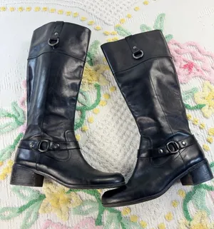 Bandolino BDCOPLIE Black Leather Tall Riding Boots Womens 10M Block Heel Harness thumbnail 1
