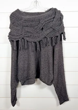 BCBGMaxAzria Women's Fringe Cable Cowl Pullover Sweater Heather Gray Size XS thumbnail 1