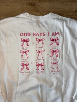 God Says I Am Pink Graphic Sweatshirt with Bows thumbnail 3