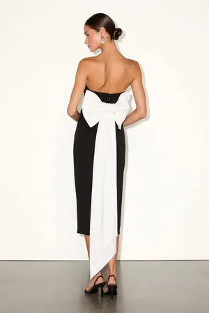 Lulus Fabulous Phenomenon Black and White Strapless Bow Midi Dress Small NWT thumbnail 2