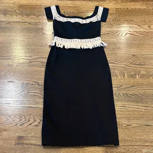 Alexis Bailey black off shoulder midi dress with cream fringe, small thumbnail 3