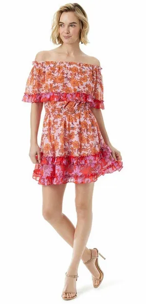 Jessica Simpson Floral Dress Off the Shoulder Amelia Pink Orange Size XS Girly thumbnail 1