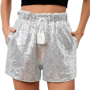Breeze Ever NWT Women's Silver Sequin Lined High Waist Shorts Elastic LARGE thumbnail 1