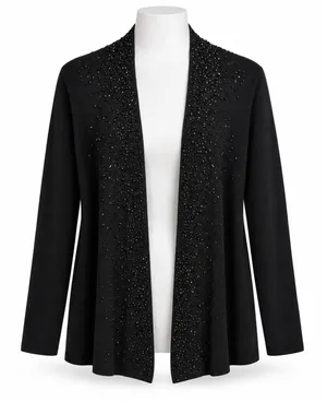 Eileen Fisher S Cardigan Black Beaded Merino Wool Open Front Italian Yarn Luxury thumbnail 1
