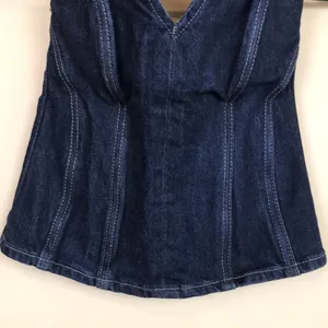 Zara Women’s Dark Wash Blue Denim Jean Boning Split Neck Zipper Back Bustier Top thumbnail 3