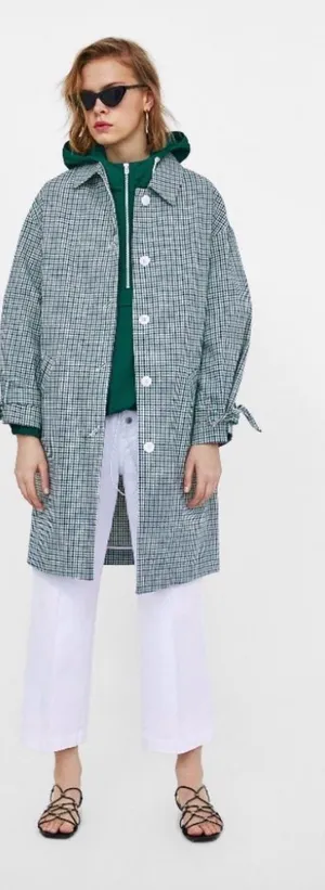 Zara Green Plaid Bow Cuff Coat Sz S Preppy Like New thumbnail 1
