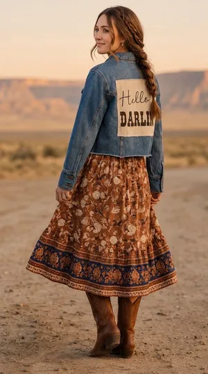 Boutique Handmade “Hello Darlin’” Denim Jacket | Country Western Cropped Jean Jacket thumbnail 1