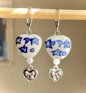 celestial porcelain heart beads & ribbon cute dangle earrings🌝🎀 thumbnail 2