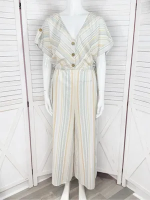 World Market Shilo Striped Wide Leg Cinch Waist‎ Jumpsuit Ivory Multi Cropped thumbnail 2