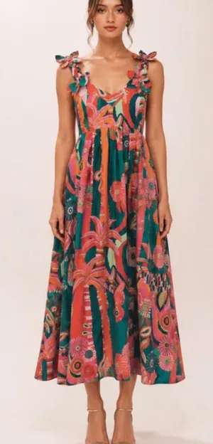 Farm Rio x Anthropologie Pleated Tropical Palm Midi Dress Size XXSmall thumbnail 1