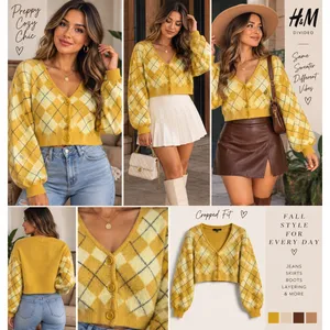 H&M Divided Yellow Argyle Cropped Cardigan Sweater XS V-Neck Puff Sleeve Knit thumbnail 2