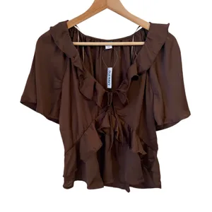 Old Navy Satin‎ Ruffle Tie Front Blouse Top Womens S Romantic Casual Chic Brown thumbnail 2