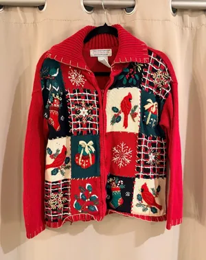 Tiara International Red Holiday Zip-Up Patchwork Sweater thumbnail 1