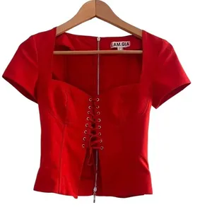 I. Am. Gia Womens Size M Evita Corset Crop Top Bright Red‎ Square Neck Going Out thumbnail 10