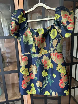 NWT Lulus So Stunning Navy Floral Jacquard Puff short Sleeve Mini Dress cocktail thumbnail 2