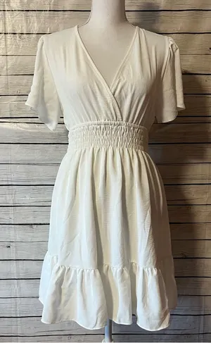 Altar'd State White Smocked-Waist V-Neck Mini Dress thumbnail 1