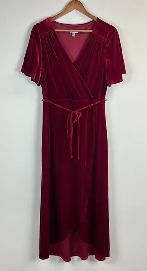 Chelsea 28 Dress XL Burgundy Red‎ Velvet Faux Wrap Maxi Holiday Dress Hi Low thumbnail 1