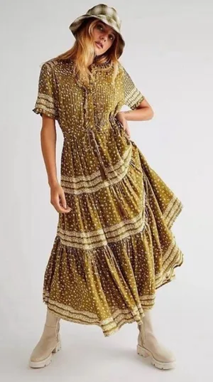 Free People Rare Feeling Maxi Dress Green Kiwi Combo Cottagecore Womens‎ Size XS thumbnail 1