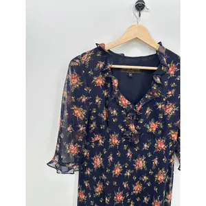 Donna Ricco Floral‎ Midi Dress Size 10P Feminine Ruffle Dainty Modest Sheer thumbnail 6