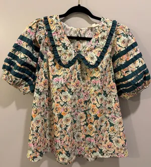 Entro Floral Detail Puff Sleeve V-Neck Peter Pan Collar Blouse Hunter Green Multi thumbnail 6