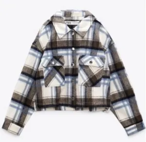 Zara Cropped Plaid Overshirt Flannel Motorcycle Checkered Jacket thumbnail 2
