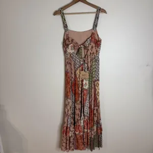 Anthropologie ATL The Label Dress Gypsiana ruffle ladies M Pink Boho Patchwork Maxi Rayon thumbnail 8