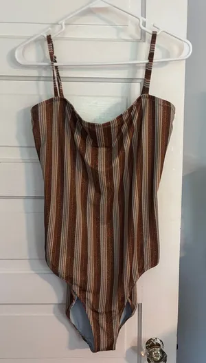 Aerie Striped Metallic Brown & Cream One-Piece Swimsuit thumbnail 1