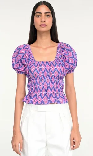 NWT Banjanan‎ Halo Cotton Top Blouse Abstract Print Smocked Puff Sleeve Purple M thumbnail 1
