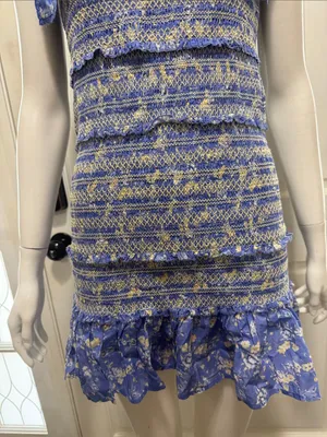 LoveShackFancy Belle Smocked Tie Straps Cotton Mini Dress Blue Jay Floral Print thumbnail 4
