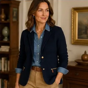 Lauren Ralph Lauren Knit Blazer XL Navy Gold Button Preppy Old Money Equestrian thumbnail 1