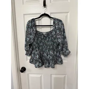 American Eagle Floral Smocked Peplum Top‎ Square Neck Puff Sleeve L thumbnail 3
