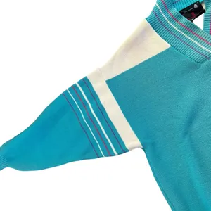 VTG 80’s Women’s Virgin Wool Colorblock Sweater Sz M Blue Cream Stripe thumbnail 5