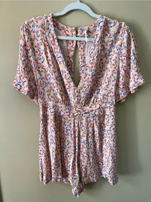 Free People Blush Pink Floral Print Romper with Blue & Red Accents thumbnail 1