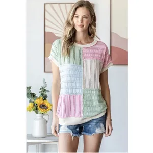 7TH RAY Textured Pastel Color Block Ribbed Pullover Top Women's Size Large Artsy thumbnail 2