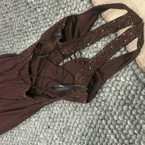 Cum Cum by Niki Livas Brown Satin Beaded Maxi Party Dress thumbnail 3