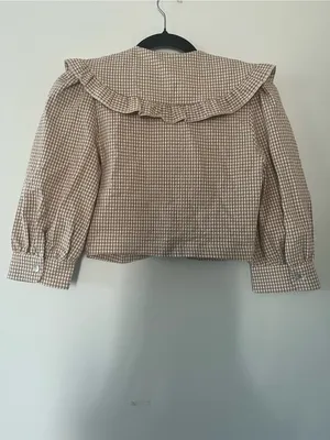 Zara Tan White Gingham Collared Puff Sleeve Top XS Cottagecore Western Farm thumbnail 6