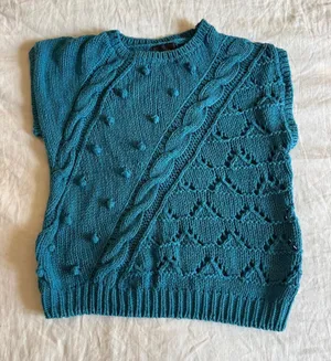 Vintage sleeveless funky cable knit blue ramie and cotton sweater vest small thumbnail 1