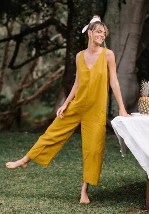 Wear By I Love Jumpsuit Linen V-Neck Sleeveless Mustard Yellow Crop Linen Size M thumbnail 1