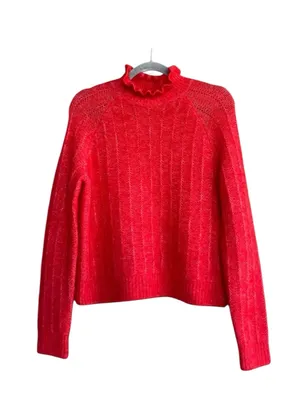 SEZANE Bright Red Mohair Merino Wool Knit Ruffle High Neck Sweater Loris Jumper thumbnail 8