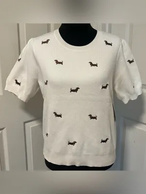 NWT Calligraphie Dachshund Embroidered Puff Sleeve Sweater Top Size Large thumbnail 2