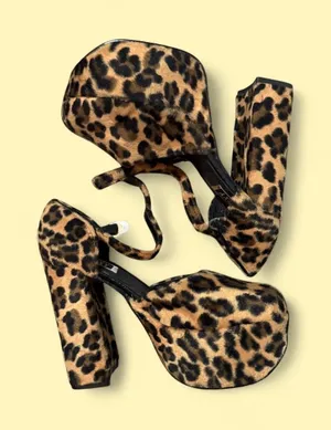Too Sexy Leopard Print Faux Fur Platform Block Heels Ankle Strap Pumps 7.5 thumbnail 1