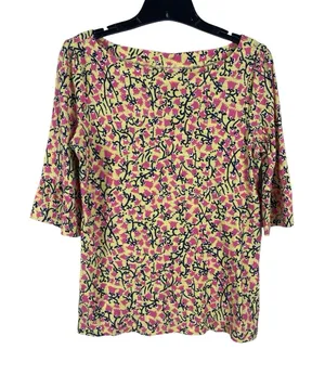 Lilly Pulitzer Cotton Slub Yellow Pink Short Bell Sleeve Top Summer Vacation L thumbnail 1