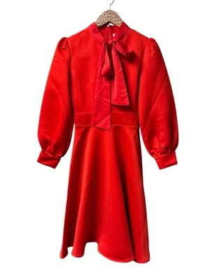 Ivy City Co. Pippa Long Sleeve Tie Bow Neck Knee Length Dress Satin Red XXS NEW thumbnail 4