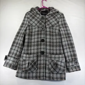 Sashimi Womens Grey Plaid Hooded Wool Blend Pea Coat Jacket Size Medium‎ thumbnail 2