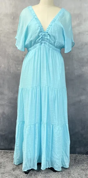 Boston Proper Women Tiered Gauze Maxi Dress Size XL Flutter Sleeve Flowy Coastal thumbnail 1
