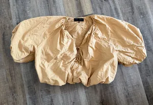 Zara Beige Puff Sleeve Drawstring Blouse thumbnail 1
