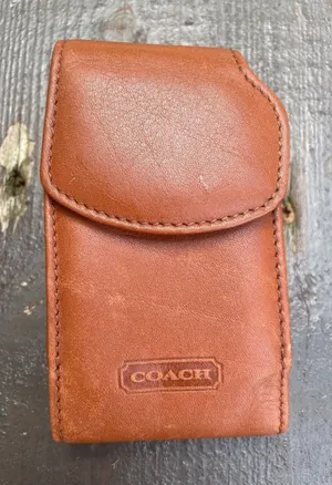 Coach‎ Vintage Brown Leather Flip Phone Case Tech Accessory Brass D-Ring thumbnail 1
