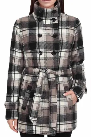 Ike Behar XL Soft Plaid Double Breasted Pea Coat in Black Gray & Taupe thumbnail 1
