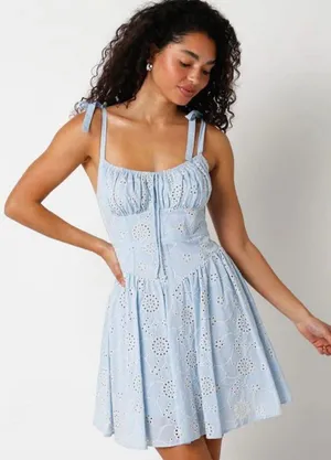 Olivaceous Eyelet Mini Blue and White Dress thumbnail 1