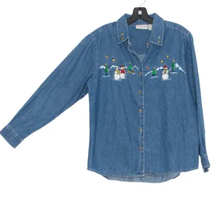 Vintage Basic Editions Holiday Top Denim Embroidered Festive 90s Button Medium Blue thumbnail 6